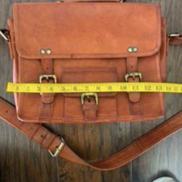 Vintage Distressed Cognac Leather Satchel Messenger Work Bag Laptop Brown - Picture 8 of 10